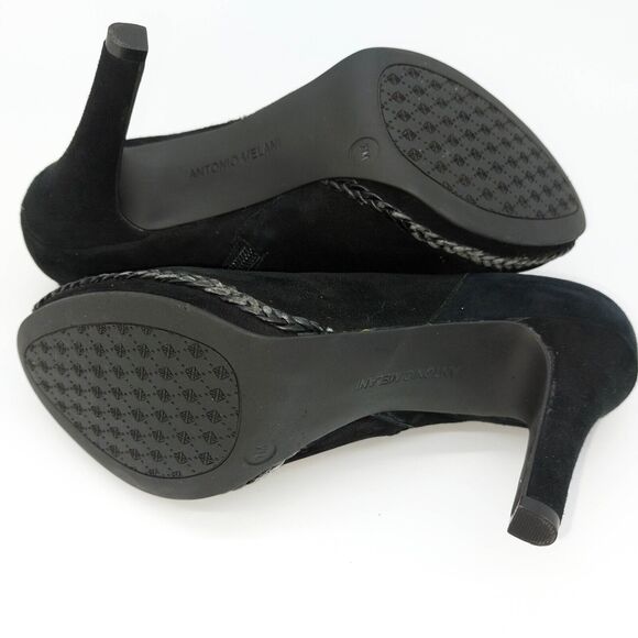 Antonio Melani Ankle Booties Sz 7M Black Heels Dante Suede Braided Trim Detail - Picture 4 of 12